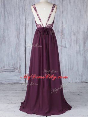 Floor Length Burgundy Wedding Guest Dresses Chiffon Sleeveless Appliques