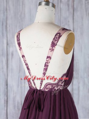 Floor Length Burgundy Wedding Guest Dresses Chiffon Sleeveless Appliques