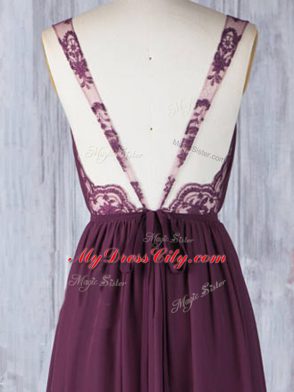 Floor Length Burgundy Wedding Guest Dresses Chiffon Sleeveless Appliques