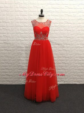 Excellent Red Chiffon Backless Scoop Sleeveless Floor Length Homecoming Party Dress Beading