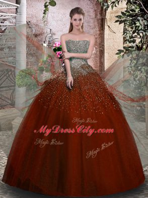 Chic Rust Red Tulle Lace Up Quinceanera Dresses Sleeveless Floor Length Beading