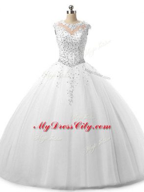 Exceptional White Ball Gowns Beading and Lace Sweet 16 Dresses Lace Up Tulle Sleeveless Floor Length