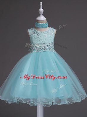 Aqua Blue Zipper Party Dress for Girls Beading and Lace Sleeveless Knee Length