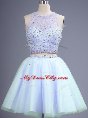 New Arrival Lavender Sleeveless Knee Length Beading Lace Up Dama Dress