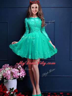 Fashionable Turquoise A-line Scalloped 3 4 Length Sleeve Chiffon Mini Length Lace Up Beading and Lace and Appliques Wedding Guest Dresses