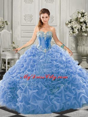 Ball Gowns Sleeveless Light Blue 15th Birthday Dress Court Train Lace Up