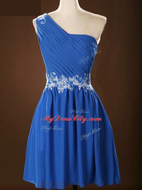 Glittering Sleeveless Chiffon Mini Length Zipper Quinceanera Dama Dress in Blue with Appliques and Ruching