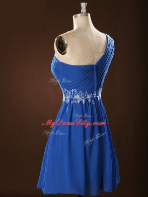 Glittering Sleeveless Chiffon Mini Length Zipper Quinceanera Dama Dress in Blue with Appliques and Ruching