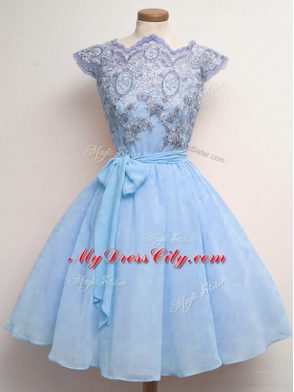 Smart Blue Scalloped Neckline Lace and Belt Bridesmaid Gown Cap Sleeves Lace Up