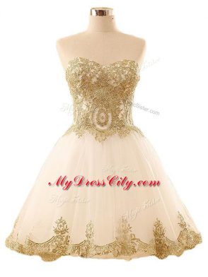 Comfortable Sleeveless Tulle Mini Length Lace Up Prom Evening Gown in Champagne with Lace and Appliques
