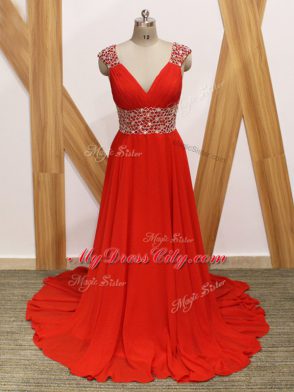 Beauteous Red V-neck Neckline Beading Red Carpet Prom Dress Sleeveless Backless