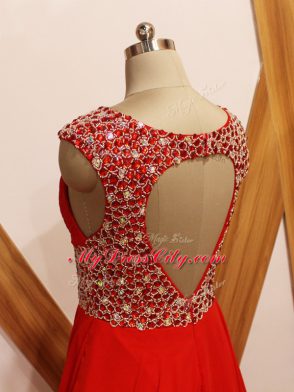Beauteous Red V-neck Neckline Beading Red Carpet Prom Dress Sleeveless Backless