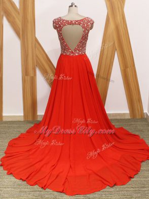 Beauteous Red V-neck Neckline Beading Red Carpet Prom Dress Sleeveless Backless