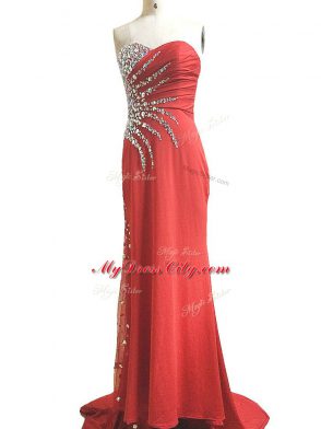 Best Selling Red Homecoming Dress Prom and Military Ball and Beach with Beading and Ruching Sweetheart Sleeveless Brush Train Side Zipper