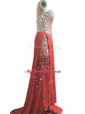 Best Selling Red Homecoming Dress Prom and Military Ball and Beach with Beading and Ruching Sweetheart Sleeveless Brush Train Side Zipper