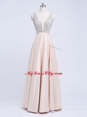 Champagne V-neck Backless Beading and Belt Womens Evening Dresses Sleeveless