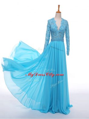 Baby Blue Empire Chiffon V-neck Long Sleeves Lace and Appliques Floor Length Zipper Formal Dresses