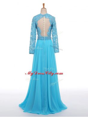 Baby Blue Empire Chiffon V-neck Long Sleeves Lace and Appliques Floor Length Zipper Formal Dresses