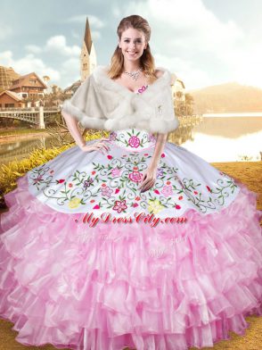 Rose Pink Sweetheart Lace Up Embroidery and Ruffled Layers Quinceanera Dress Sleeveless