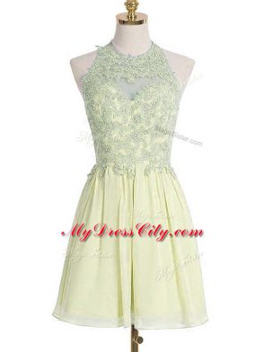 Light Yellow Bridesmaid Dress Prom and Party and Wedding Party with Appliques Halter Top Sleeveless Lace Up