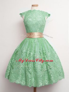 Sumptuous Green Cap Sleeves Belt Knee Length Vestidos de Damas