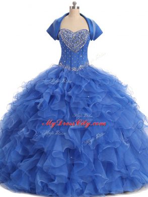 Floor Length Lace Up Vestidos de Quinceanera Blue for Sweet 16 and Quinceanera with Beading and Ruffles