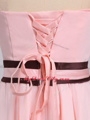 Customized Baby Pink Strapless Lace Up Ruching and Bowknot Quinceanera Court Dresses Sleeveless