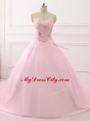 Baby Pink Sleeveless Tulle Brush Train Lace Up Ball Gown Prom Dress for Military Ball and Sweet 16 and Quinceanera