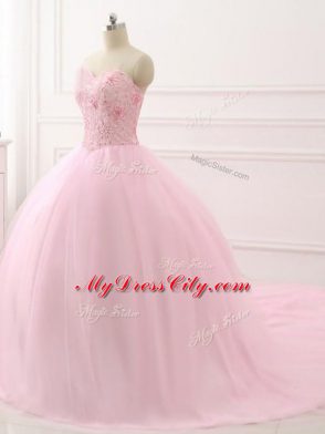 Baby Pink Sleeveless Tulle Brush Train Lace Up Ball Gown Prom Dress for Military Ball and Sweet 16 and Quinceanera