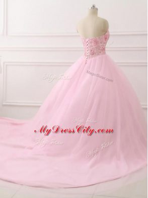 Baby Pink Sleeveless Tulle Brush Train Lace Up Ball Gown Prom Dress for Military Ball and Sweet 16 and Quinceanera