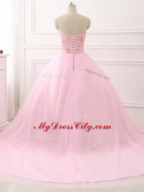 Baby Pink Sleeveless Tulle Brush Train Lace Up Ball Gown Prom Dress for Military Ball and Sweet 16 and Quinceanera