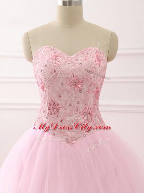 Baby Pink Sleeveless Tulle Brush Train Lace Up Ball Gown Prom Dress for Military Ball and Sweet 16 and Quinceanera