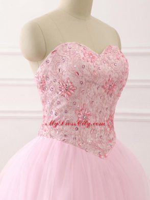 Baby Pink Sleeveless Tulle Brush Train Lace Up Ball Gown Prom Dress for Military Ball and Sweet 16 and Quinceanera