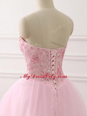 Baby Pink Sleeveless Tulle Brush Train Lace Up Ball Gown Prom Dress for Military Ball and Sweet 16 and Quinceanera
