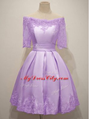 Lavender A-line Taffeta Off The Shoulder Short Sleeves Lace Knee Length Lace Up Quinceanera Dama Dress