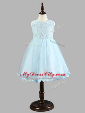 Romantic Knee Length Zipper Flower Girl Dresses for Less Light Blue for Wedding Party with Lace and Bowknot