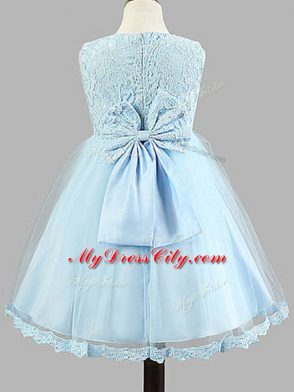 Romantic Knee Length Zipper Flower Girl Dresses for Less Light Blue for Wedding Party with Lace and Bowknot