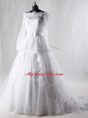 Glamorous Off The Shoulder Long Sleeves Tulle Bridal Gown Lace and Belt Brush Train Zipper