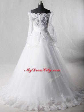 Glamorous Off The Shoulder Long Sleeves Tulle Bridal Gown Lace and Belt Brush Train Zipper