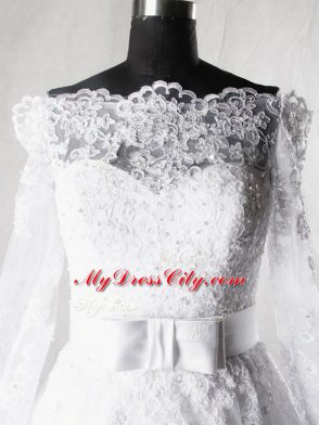 Glamorous Off The Shoulder Long Sleeves Tulle Bridal Gown Lace and Belt Brush Train Zipper