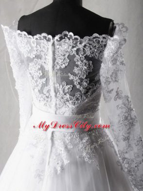 Glamorous Off The Shoulder Long Sleeves Tulle Bridal Gown Lace and Belt Brush Train Zipper