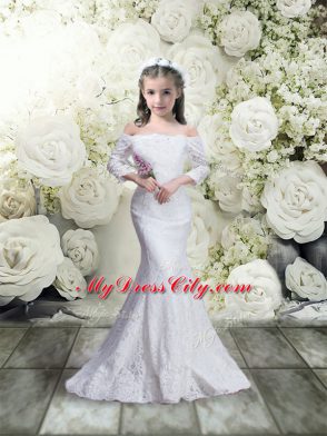 High Class White Mermaid Lace Off The Shoulder 3 4 Length Sleeve Lace Floor Length Lace Up Flower Girl Dresses for Less