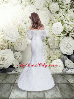 High Class White Mermaid Lace Off The Shoulder 3 4 Length Sleeve Lace Floor Length Lace Up Flower Girl Dresses for Less