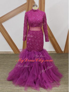 Fuchsia Zipper High-neck Lace and Ruffles Mother of Groom Dress Tulle Long Sleeves