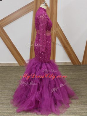 Fuchsia Zipper High-neck Lace and Ruffles Mother of Groom Dress Tulle Long Sleeves