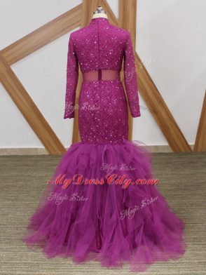 Fuchsia Zipper High-neck Lace and Ruffles Mother of Groom Dress Tulle Long Sleeves