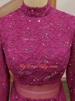 Fuchsia Zipper High-neck Lace and Ruffles Mother of Groom Dress Tulle Long Sleeves
