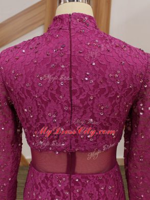 Fuchsia Zipper High-neck Lace and Ruffles Mother of Groom Dress Tulle Long Sleeves