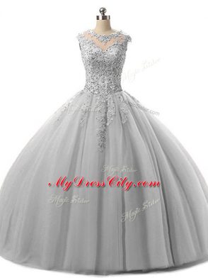 Glittering Scoop Sleeveless Quinceanera Gowns Floor Length Beading and Lace Grey Tulle