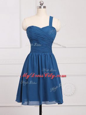 Chiffon One Shoulder Sleeveless Zipper Ruching Quinceanera Dama Dress in Blue